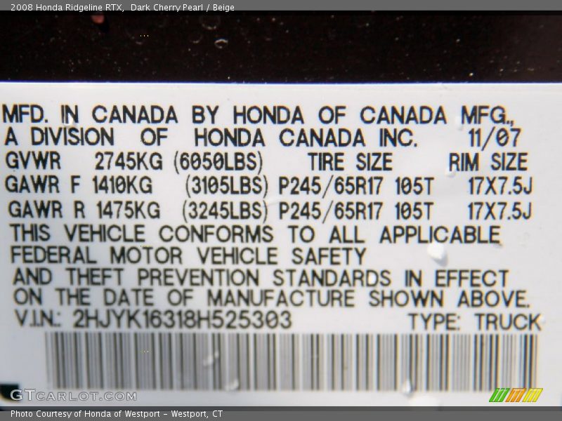 Dark Cherry Pearl / Beige 2008 Honda Ridgeline RTX