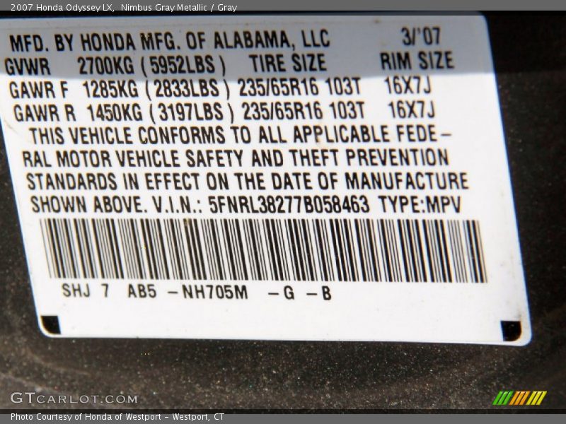 Nimbus Gray Metallic / Gray 2007 Honda Odyssey LX