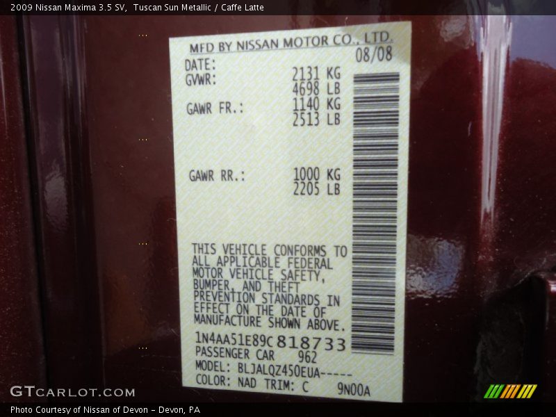 Tuscan Sun Metallic / Caffe Latte 2009 Nissan Maxima 3.5 SV
