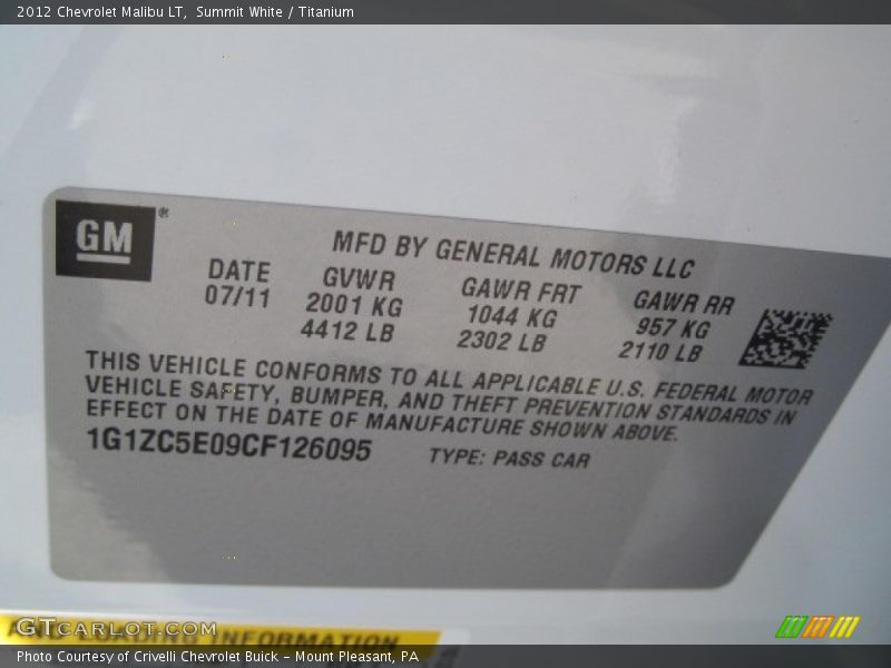 Summit White / Titanium 2012 Chevrolet Malibu LT