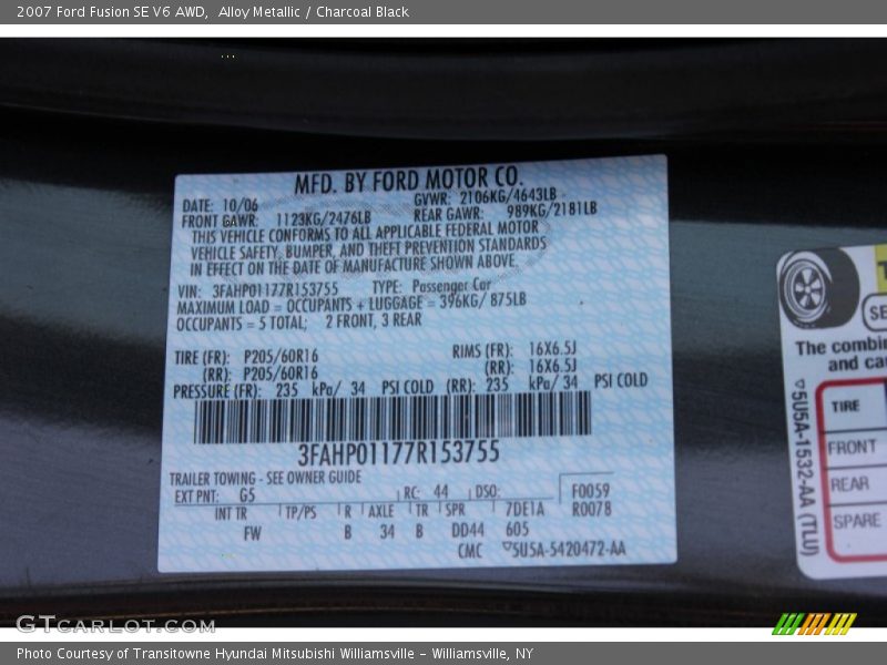 2007 Fusion SE V6 AWD Alloy Metallic Color Code G5