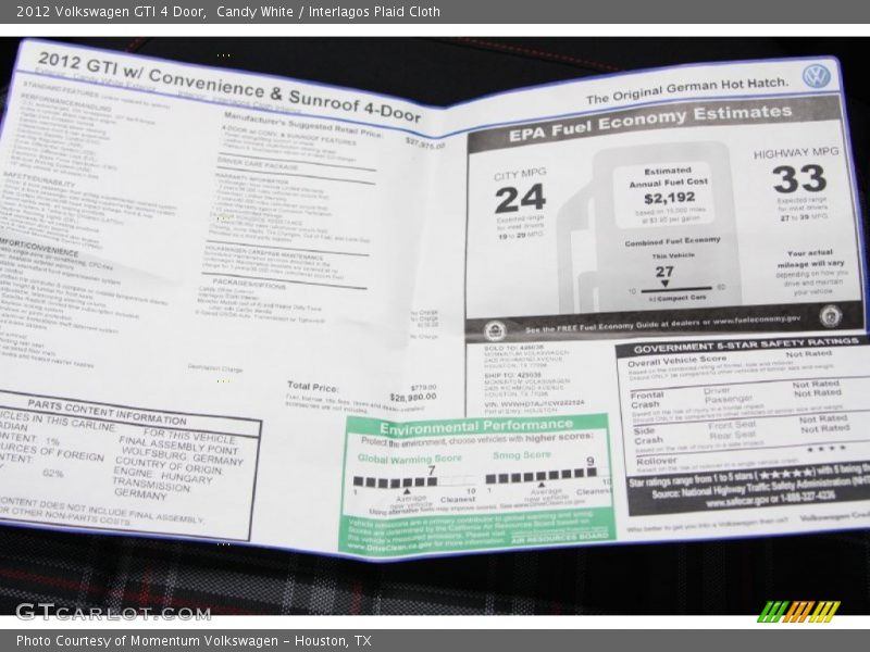  2012 GTI 4 Door Window Sticker