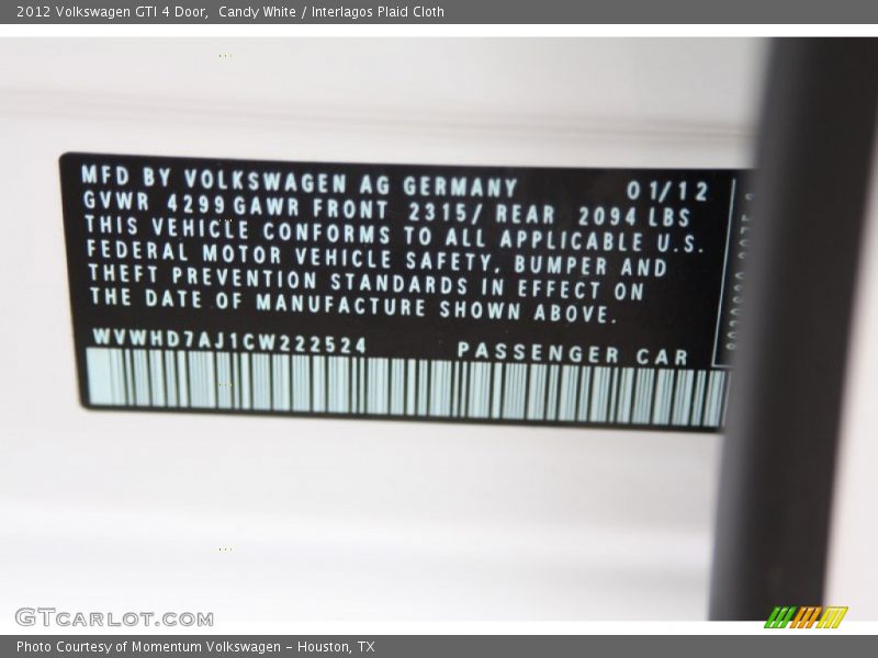 Candy White / Interlagos Plaid Cloth 2012 Volkswagen GTI 4 Door