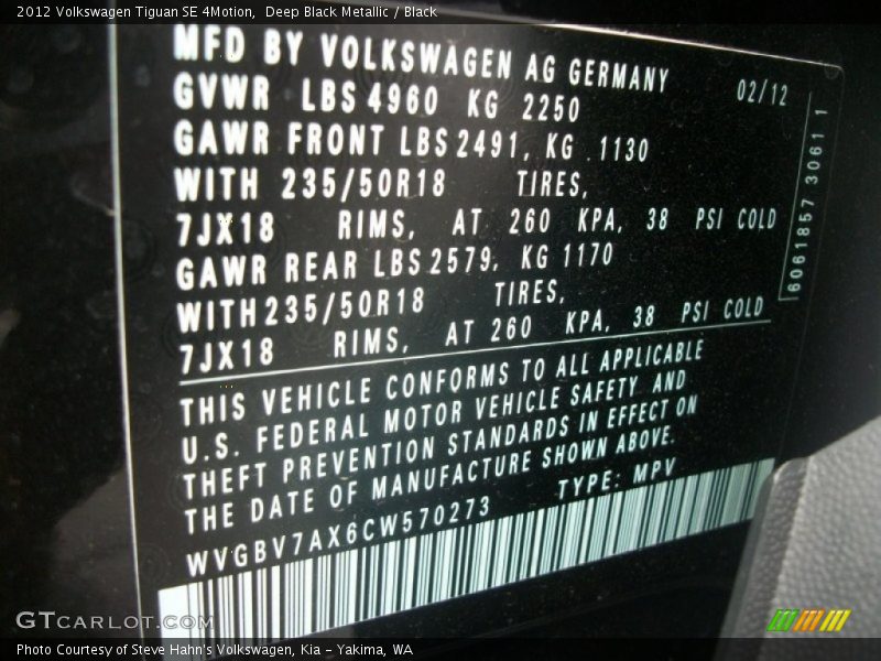 Deep Black Metallic / Black 2012 Volkswagen Tiguan SE 4Motion