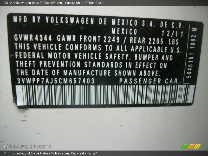Candy White / Titan Black 2012 Volkswagen Jetta SE SportWagen