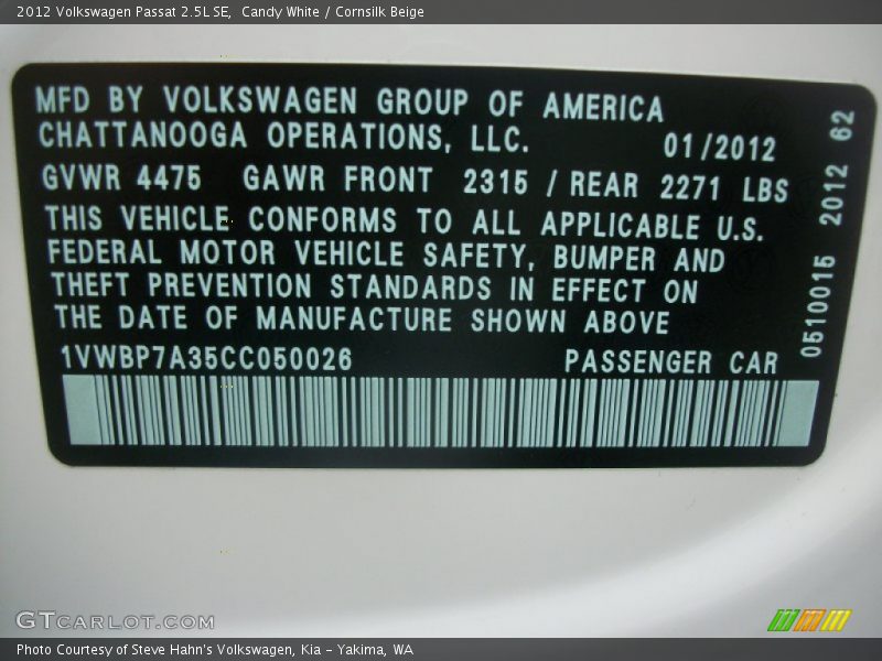Candy White / Cornsilk Beige 2012 Volkswagen Passat 2.5L SE