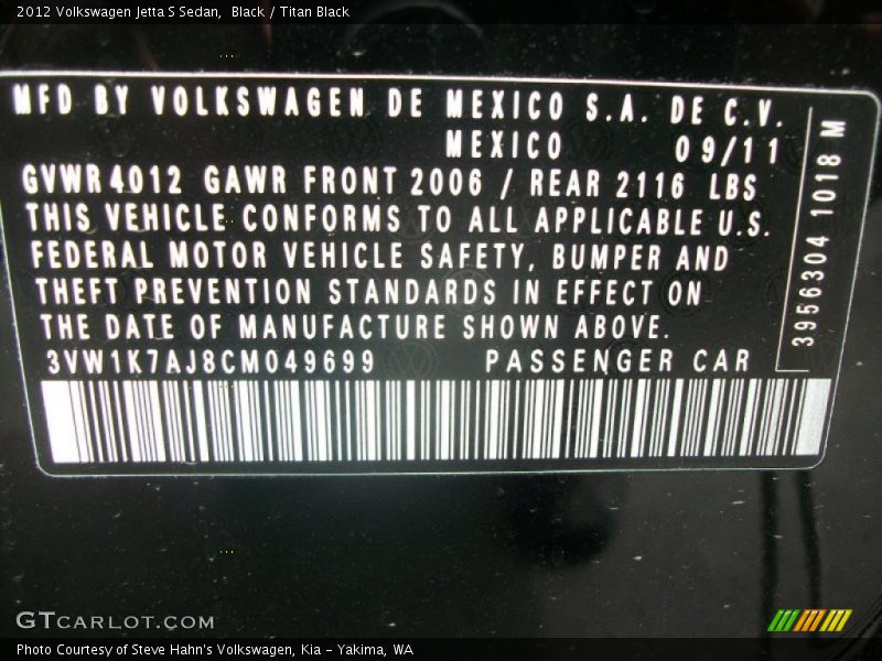 Black / Titan Black 2012 Volkswagen Jetta S Sedan