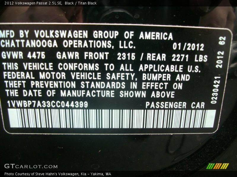 Black / Titan Black 2012 Volkswagen Passat 2.5L SE