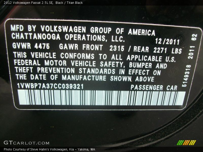 Black / Titan Black 2012 Volkswagen Passat 2.5L SE