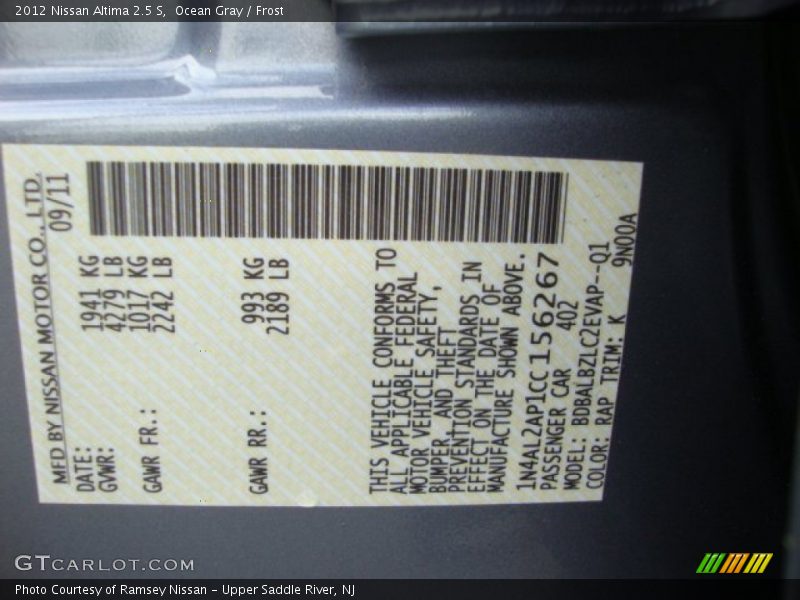 Ocean Gray / Frost 2012 Nissan Altima 2.5 S
