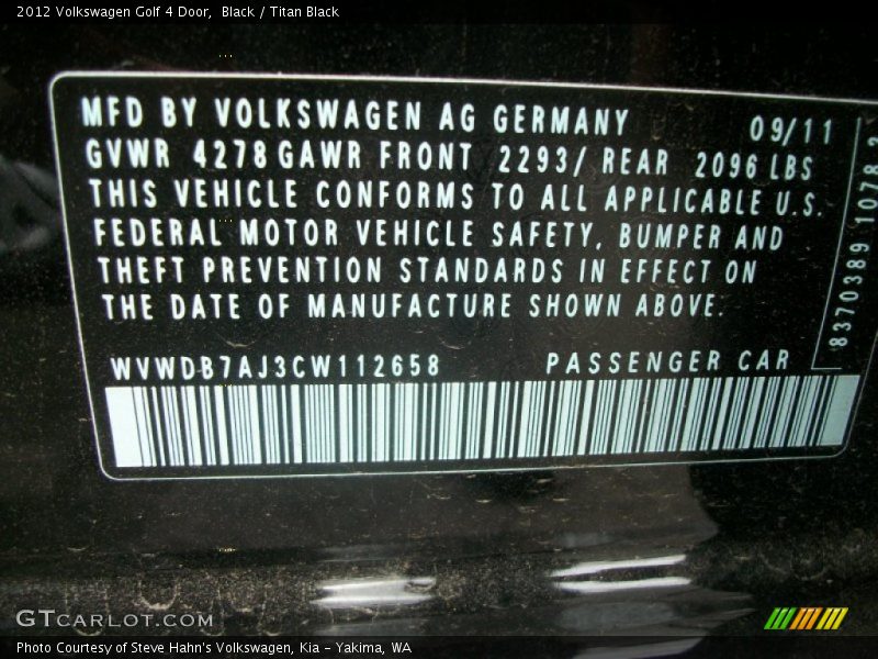 Black / Titan Black 2012 Volkswagen Golf 4 Door