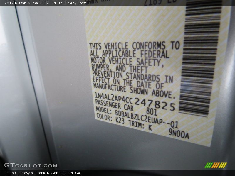 Brilliant Silver / Frost 2012 Nissan Altima 2.5 S