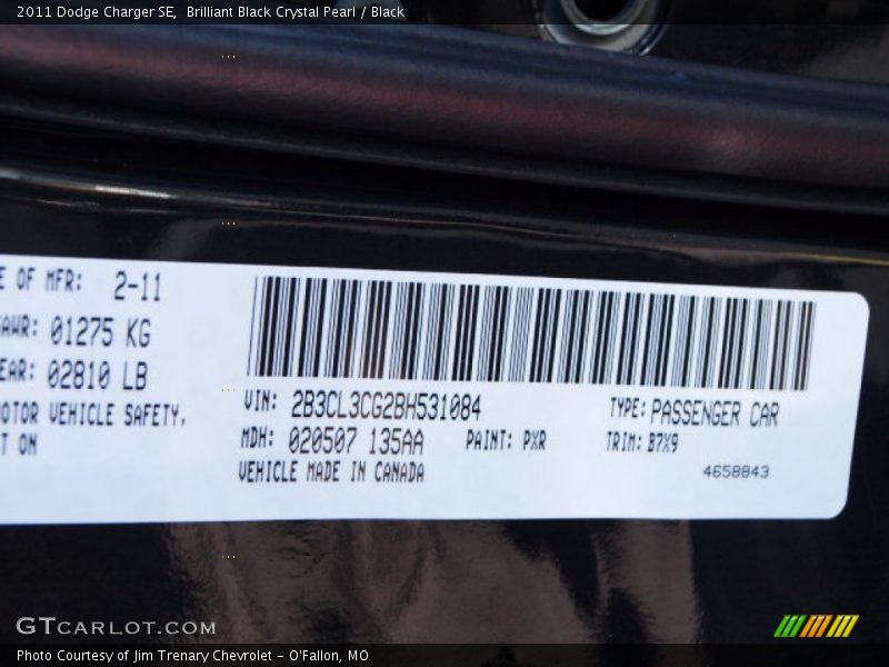 2011 Charger SE Brilliant Black Crystal Pearl Color Code PXR