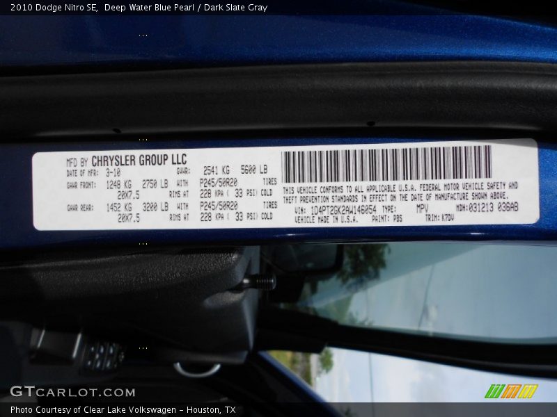 Deep Water Blue Pearl / Dark Slate Gray 2010 Dodge Nitro SE