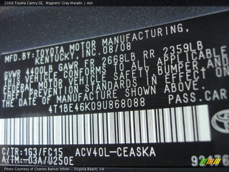 Magnetic Gray Metallic / Ash 2009 Toyota Camry SE