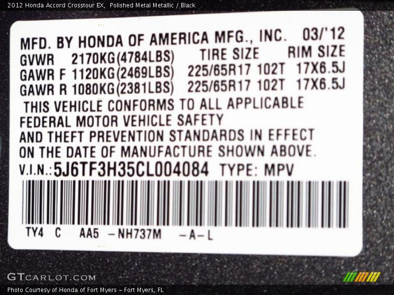 2012 Accord Crosstour EX Polished Metal Metallic Color Code NH737M
