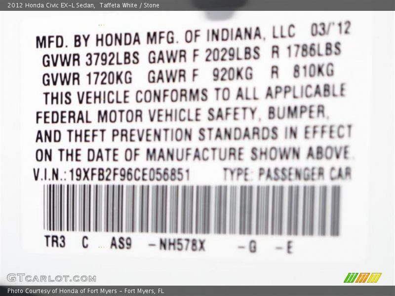 Taffeta White / Stone 2012 Honda Civic EX-L Sedan