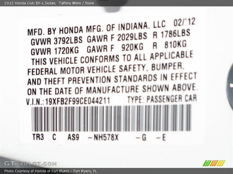 Taffeta White / Stone 2012 Honda Civic EX-L Sedan
