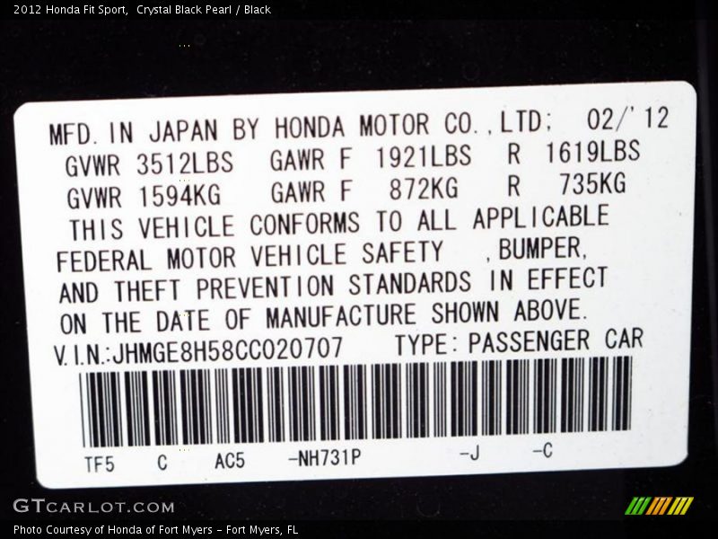 Crystal Black Pearl / Black 2012 Honda Fit Sport