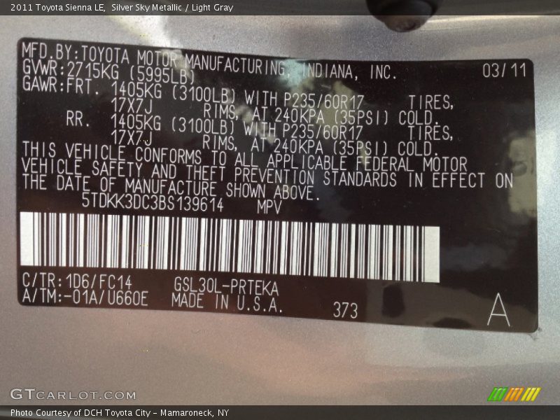 Silver Sky Metallic / Light Gray 2011 Toyota Sienna LE