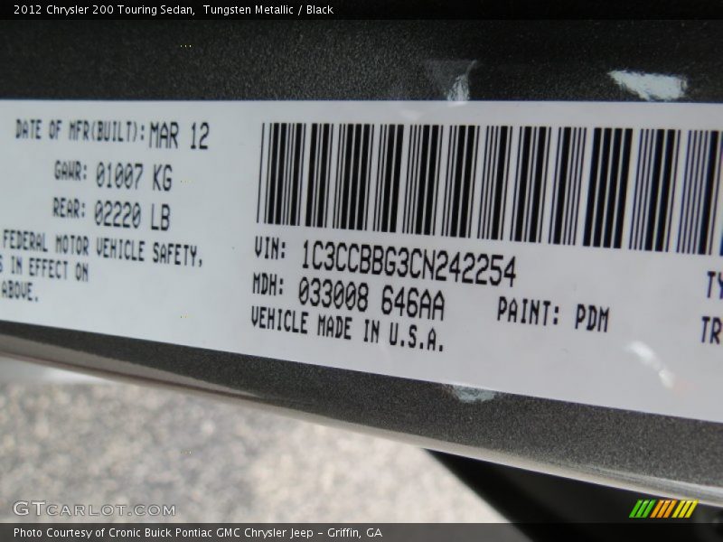 Tungsten Metallic / Black 2012 Chrysler 200 Touring Sedan