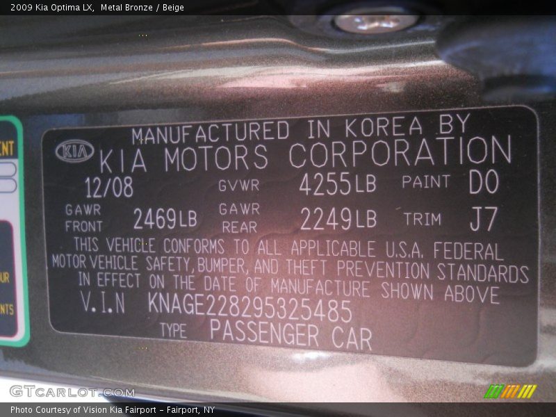 Metal Bronze / Beige 2009 Kia Optima LX
