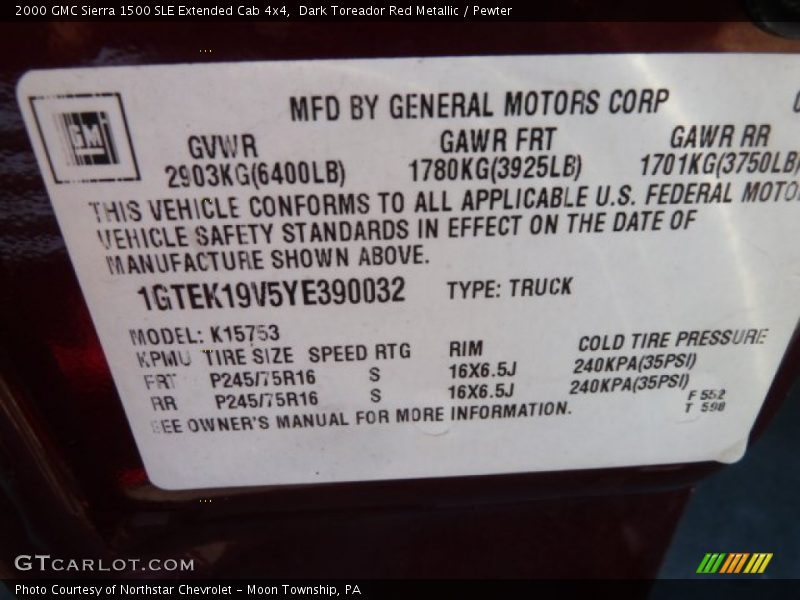 Dark Toreador Red Metallic / Pewter 2000 GMC Sierra 1500 SLE Extended Cab 4x4