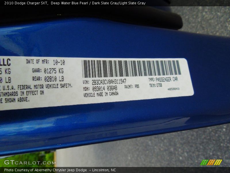 Deep Water Blue Pearl / Dark Slate Gray/Light Slate Gray 2010 Dodge Charger SXT