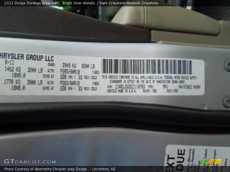 Bright Silver Metallic / Dark Graystone/Medium Graystone 2012 Dodge Durango Crew AWD