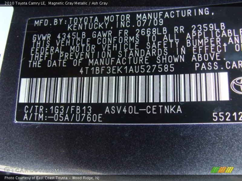Magnetic Gray Metallic / Ash Gray 2010 Toyota Camry LE
