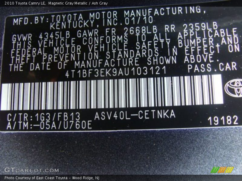 Magnetic Gray Metallic / Ash Gray 2010 Toyota Camry LE