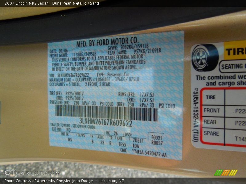 Dune Pearl Metallic / Sand 2007 Lincoln MKZ Sedan