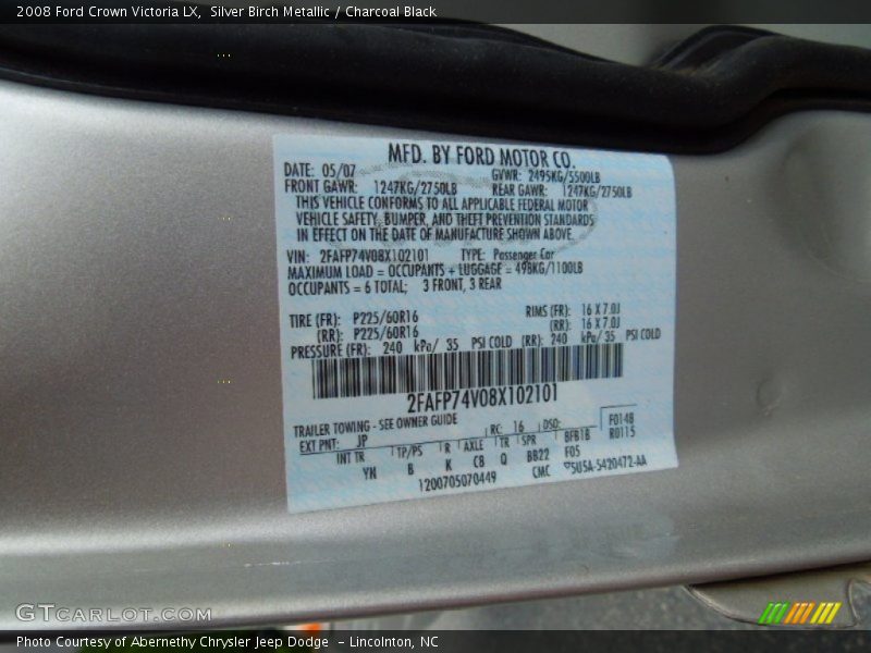2008 Crown Victoria LX Silver Birch Metallic Color Code JP