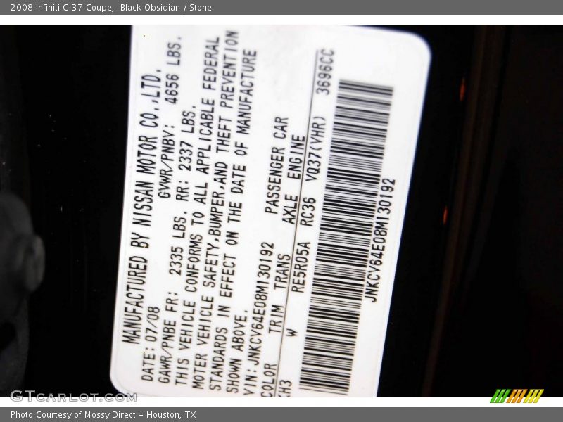 Black Obsidian / Stone 2008 Infiniti G 37 Coupe