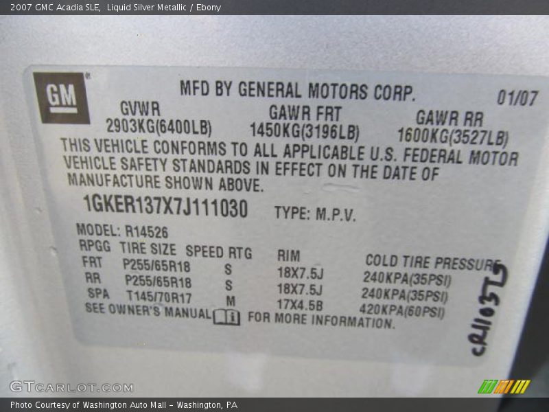 Liquid Silver Metallic / Ebony 2007 GMC Acadia SLE