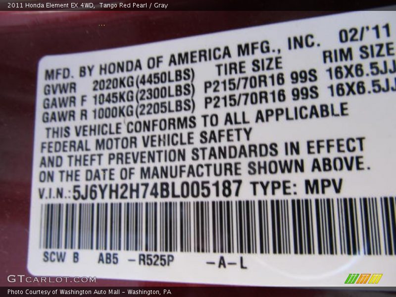 2011 Element EX 4WD Tango Red Pearl Color Code R525P