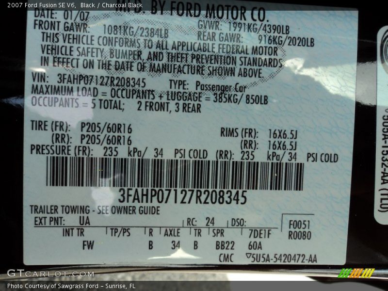 Black / Charcoal Black 2007 Ford Fusion SE V6
