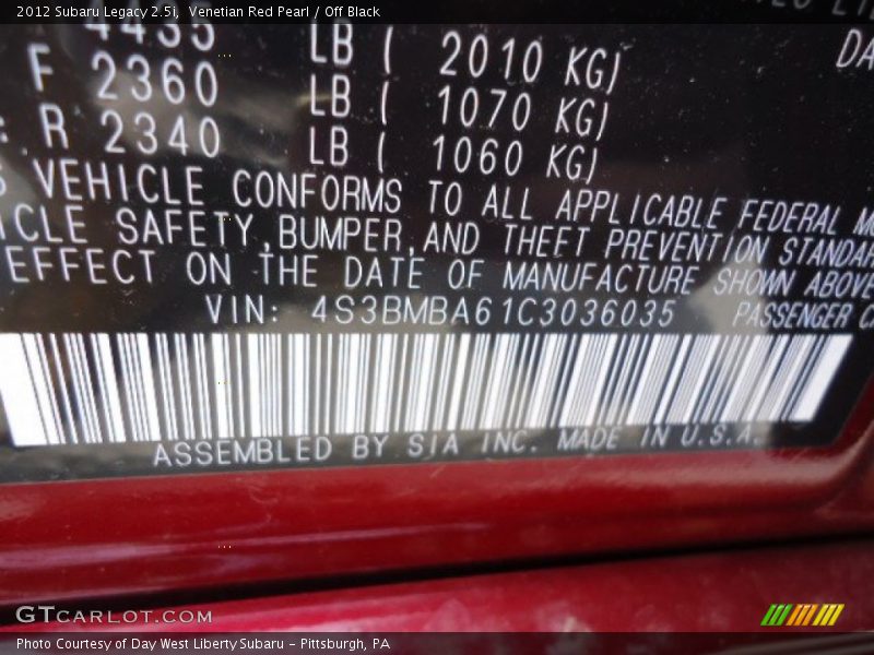 Venetian Red Pearl / Off Black 2012 Subaru Legacy 2.5i