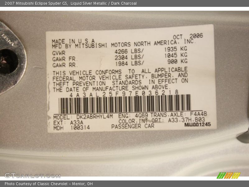 Liquid Silver Metallic / Dark Charcoal 2007 Mitsubishi Eclipse Spyder GS