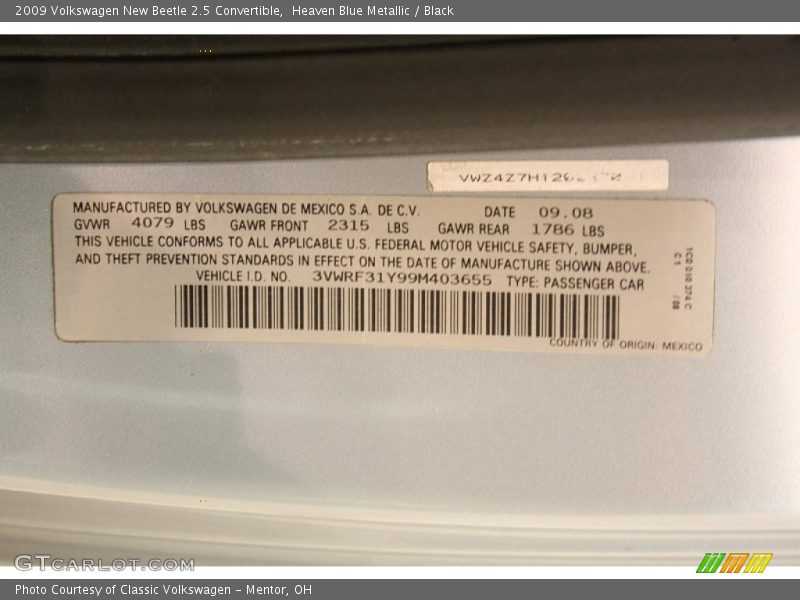 Heaven Blue Metallic / Black 2009 Volkswagen New Beetle 2.5 Convertible