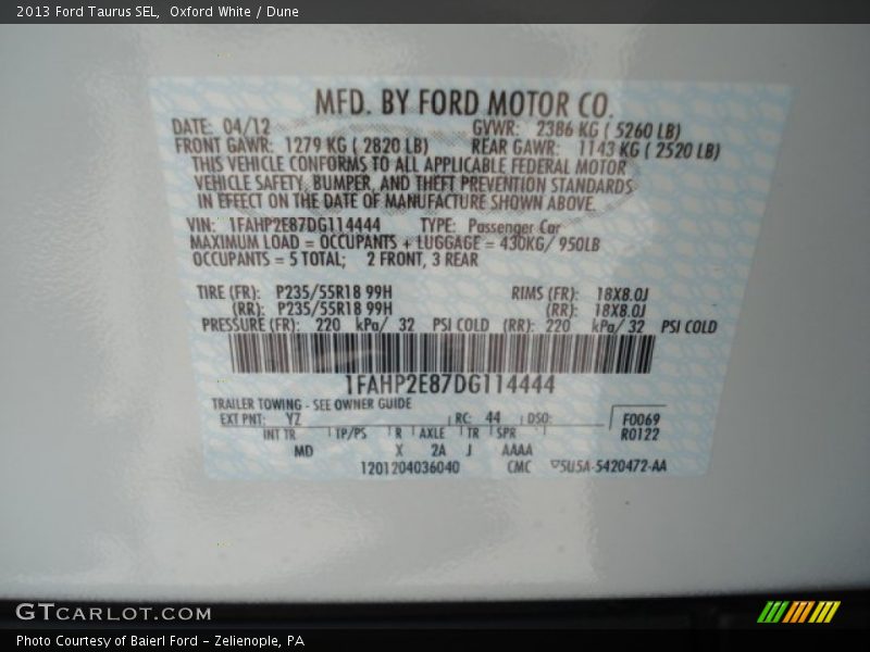 2013 Taurus SEL Oxford White Color Code YZ