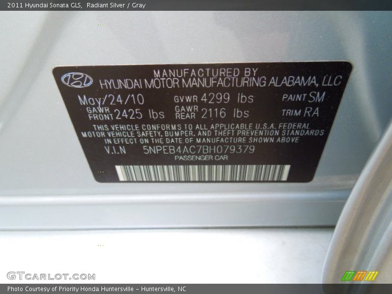 Radiant Silver / Gray 2011 Hyundai Sonata GLS