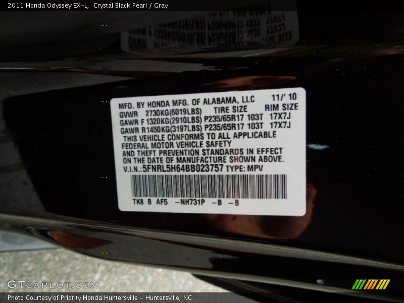 Crystal Black Pearl / Gray 2011 Honda Odyssey EX-L