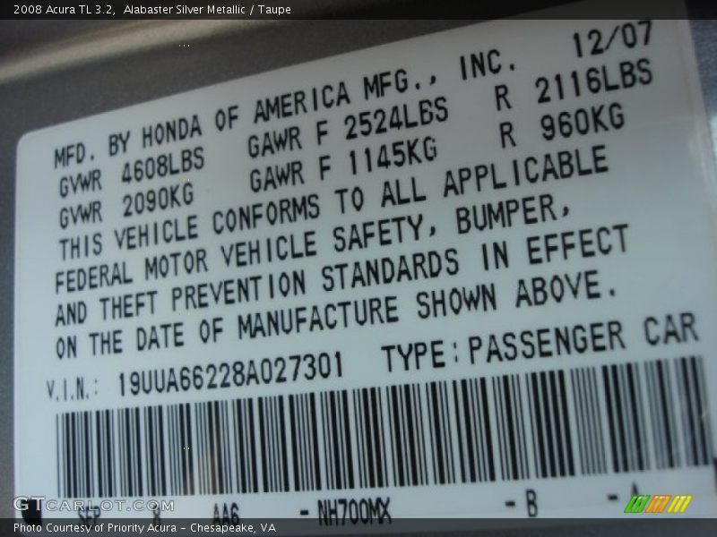 Alabaster Silver Metallic / Taupe 2008 Acura TL 3.2