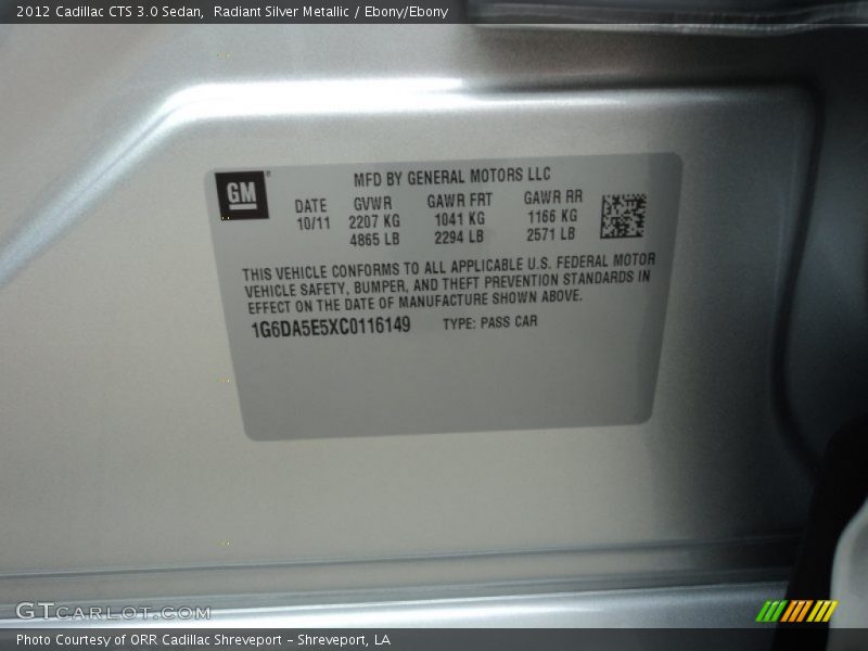 Radiant Silver Metallic / Ebony/Ebony 2012 Cadillac CTS 3.0 Sedan
