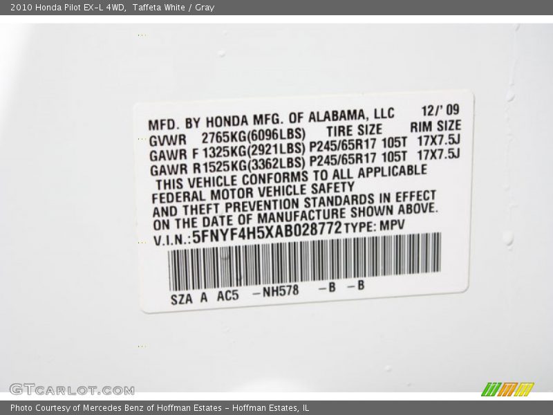 Taffeta White / Gray 2010 Honda Pilot EX-L 4WD