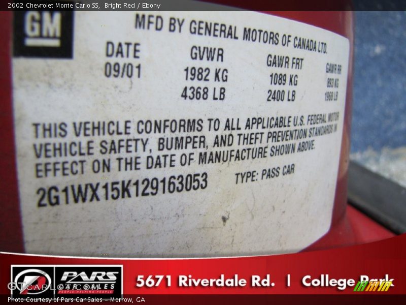 Bright Red / Ebony 2002 Chevrolet Monte Carlo SS