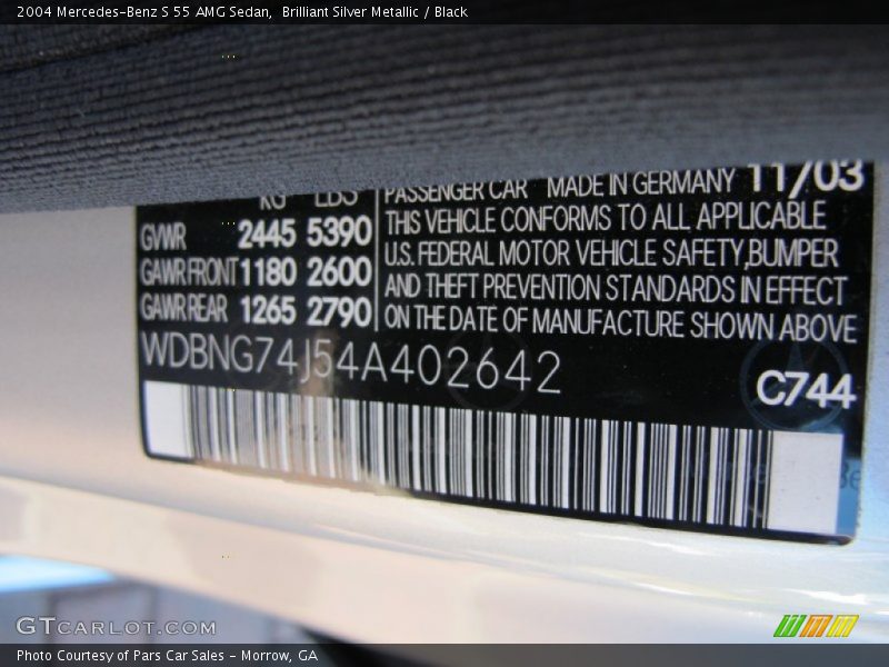 2004 S 55 AMG Sedan Brilliant Silver Metallic Color Code 744