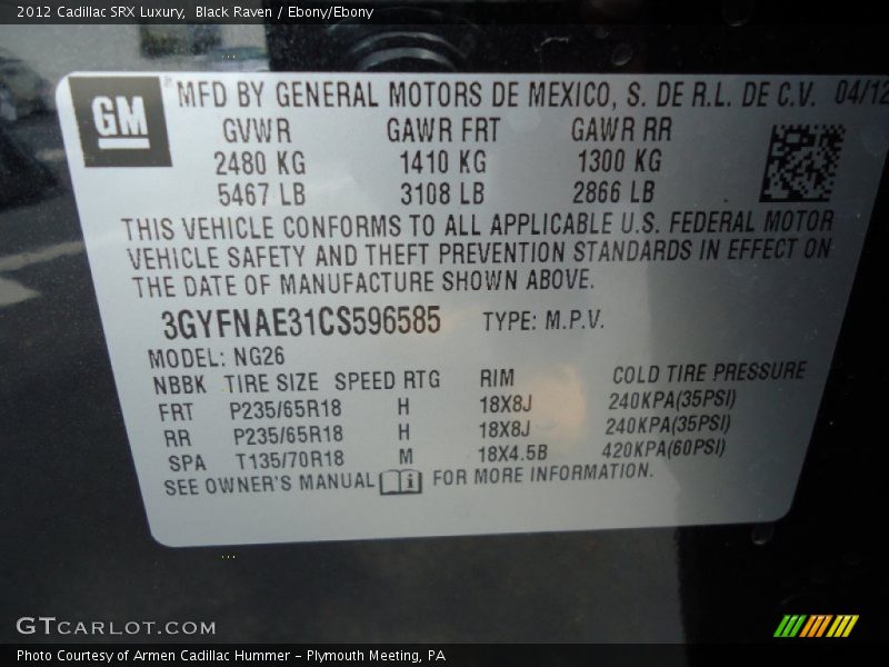 Black Raven / Ebony/Ebony 2012 Cadillac SRX Luxury