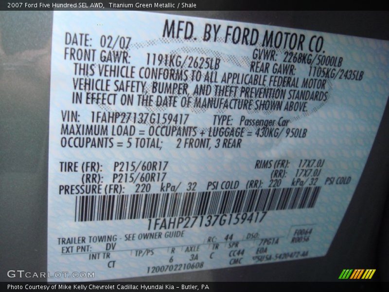 2007 Five Hundred SEL AWD Titanium Green Metallic Color Code DV